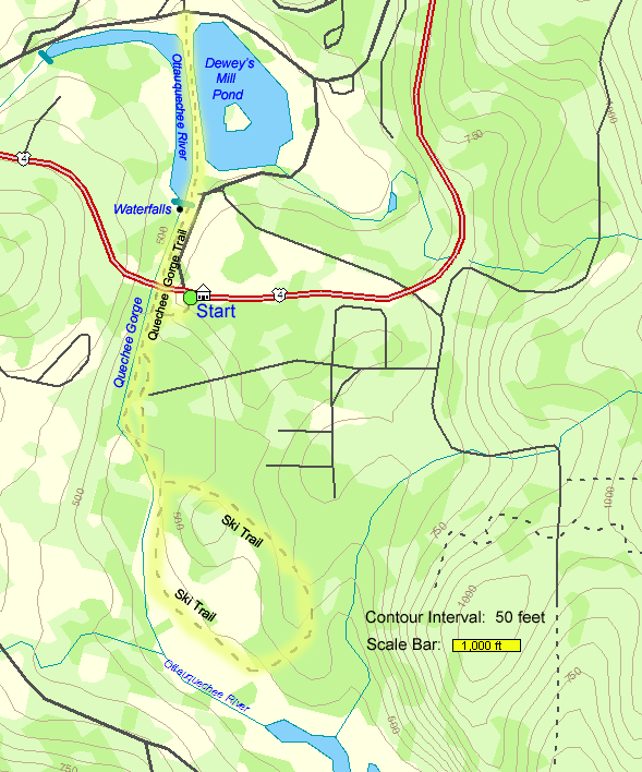 Trail map of hike route along Quechee Gorge and to Dewey's Mill Pond (map by Webmaster)