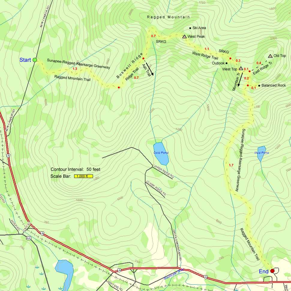 Trail map of hike route to Ragged Mountain on the Sunapee-Ragged-Kearsarge Greenway (map by Webmaster)