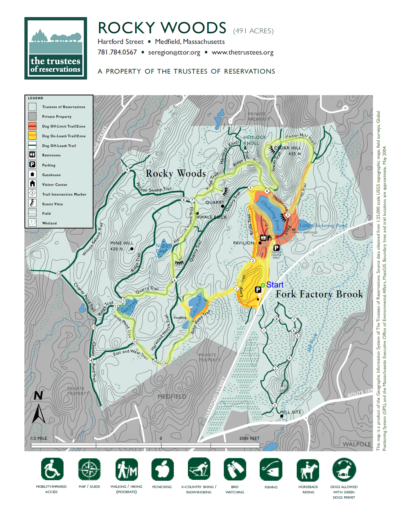 Trail map of hike at Rocky Woods (map courtesy of The Trustees of Reservations)