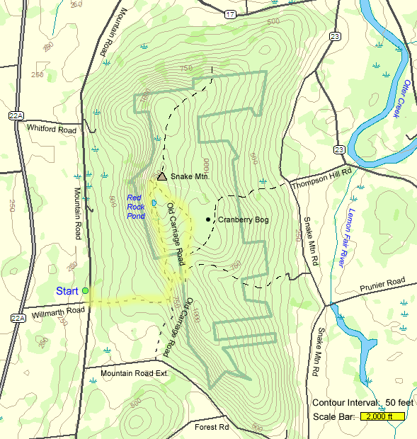 Trail map of hike route to Snake Mountain (map by Webmaster)