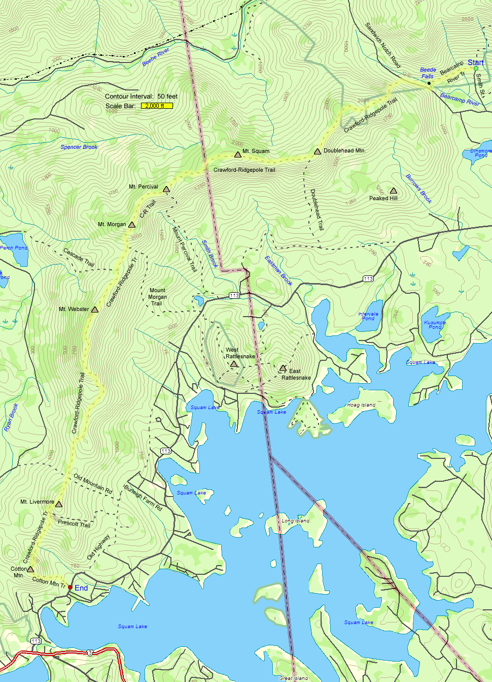 Trail map of hike route across the Squam Range (map by Webmaster)