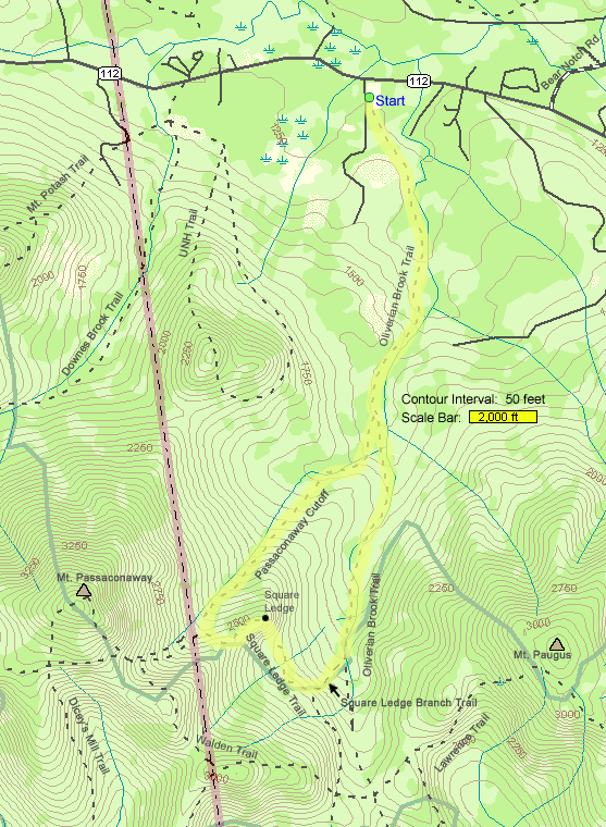 Map of hike route to Square Ledge on Mt. Passaconaway (map by Webmaster)