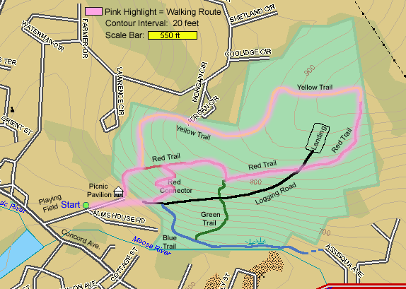 Trail map of approximiate hike route in St. Johnsbury Municipal Forest (map by Webmaster)