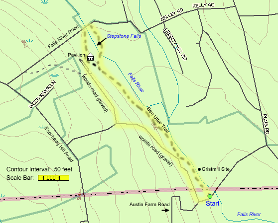 Map of hike route to Stepstone Falls (map by Webmaster)