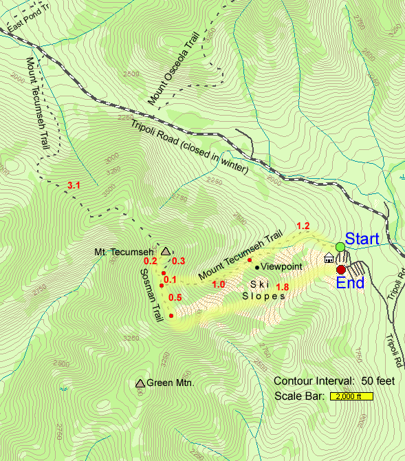 Trail map of hike route to Mt. Tecumseh via Mount Tecumseh Trail, Sosman Trail, and Waterville Valle Ski Area (map by Webmaster)
