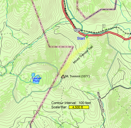 Map of hike route on Mt. Tremont (map by Webmaster)