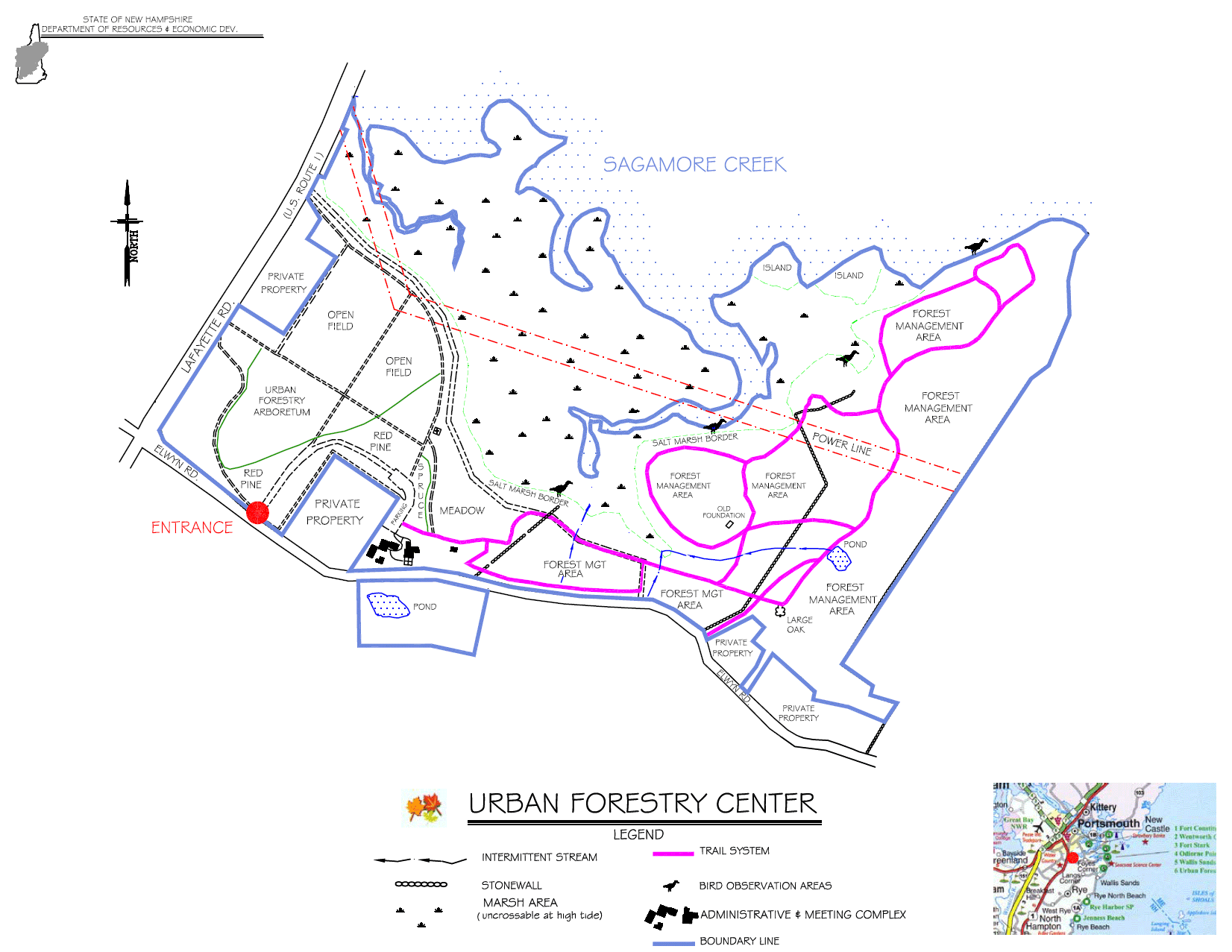 Trail map of hiking trails at Urban Forestry Center (map courtesy of New Hampshire Department of Resources and Economic Development)