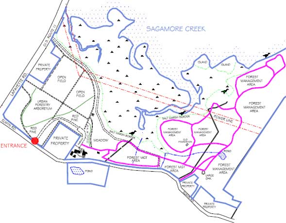 Trail map of hiking trails at Urban Forestry Center (map courtesy of New Hampshire Department of Resources and Economic Development)