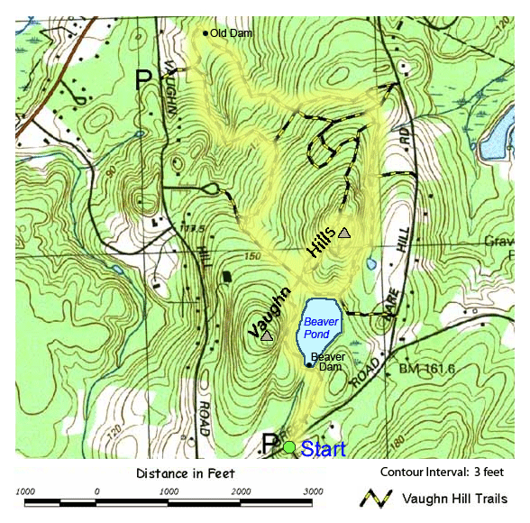 Trail map of hike route to Vaughn Hills (map courtesy of Bolton Conservation Land and Trails)