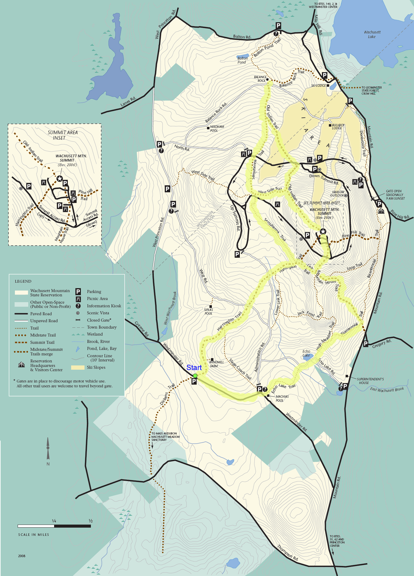 Trail map of hike route to Wachusett Mtn., Balance Rock, and Echo Lake (map courtesy of Wachusett Mountain State Reservation)