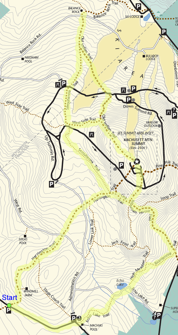 Trail map of hike route to Wachusett Mtn., Balance Rock, and Echo Lake (map courtesy of Wachusett Mountain State Reservation)