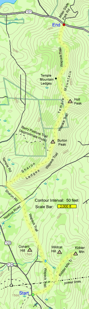 Trail map of hike route to Kidder Mtn. and Temple Mtn. via the Wapack Trail (map by Webmaster)