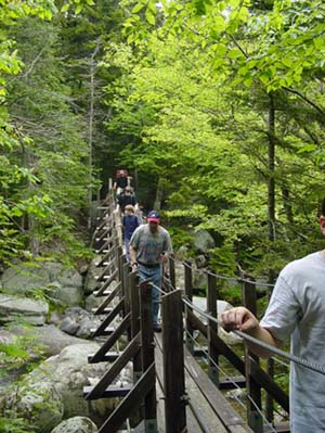 Suspension bridge over West Branch in the Great Gulf Wilderness (photo by Jon Salisbury & Steve Fiedler)