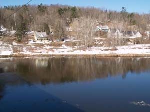 Spring photo of Ammonoosuc River upstream from the Bath covered bridge (photo by Webmaster)