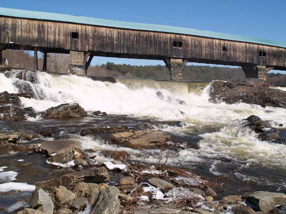 Spring photo of the Bath covered bridge and waterfalls (photo by Webmaster)