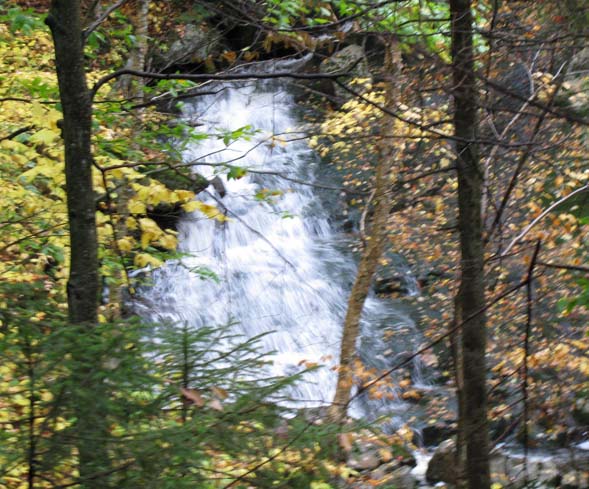 Waterfall seen through the trees from the B18 Crash Trail (photo by Karl Searl)