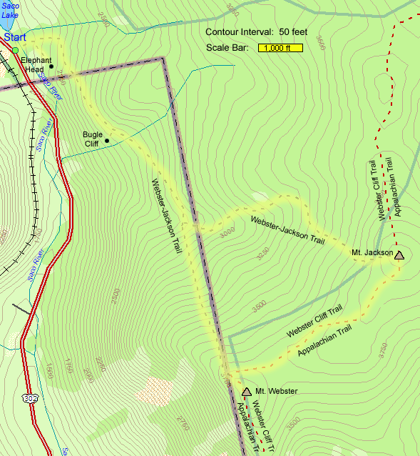 Map of hike route to Mounts Webster and Jackson (map by Webmaster)