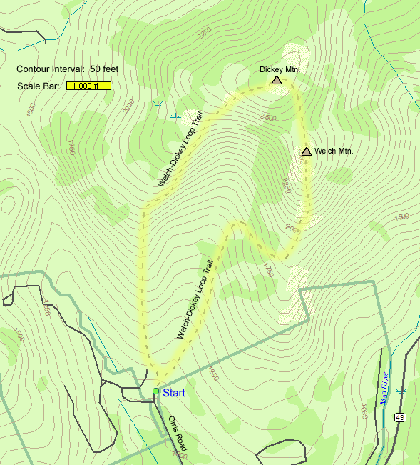 Map of hike route to Welch Mountain and Dickey Mountain (map by Webmaster)