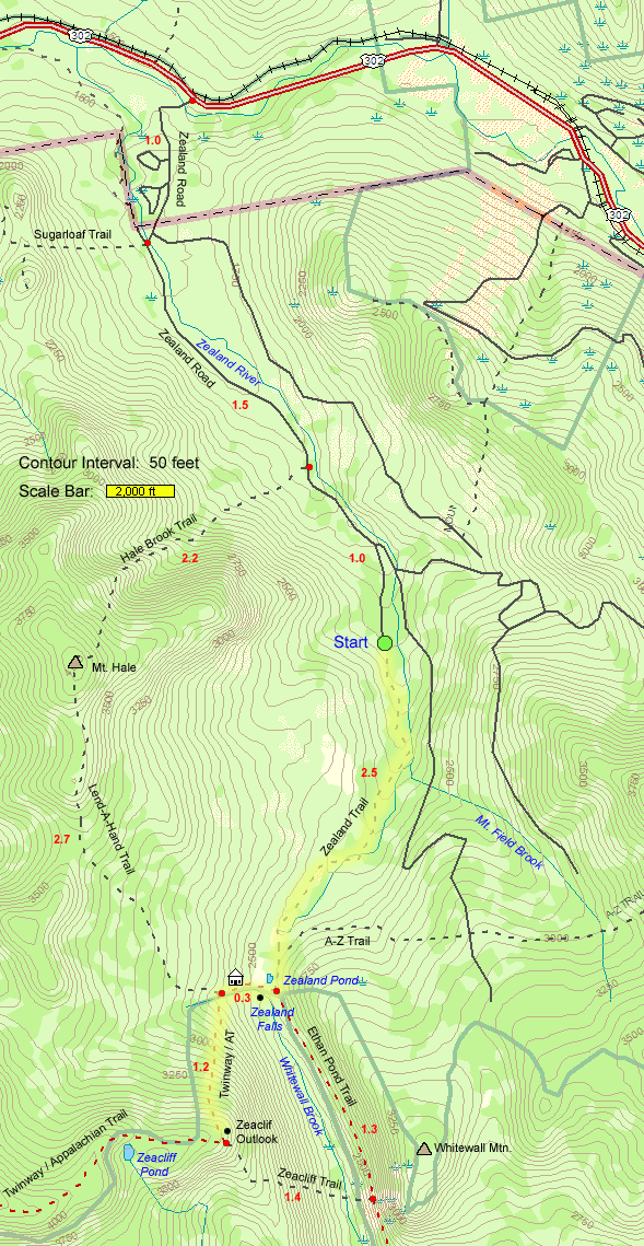 Map of hike route to Zealand Pond, Zealand Falls, and Zeacliff outlook (map by Webmaster)
