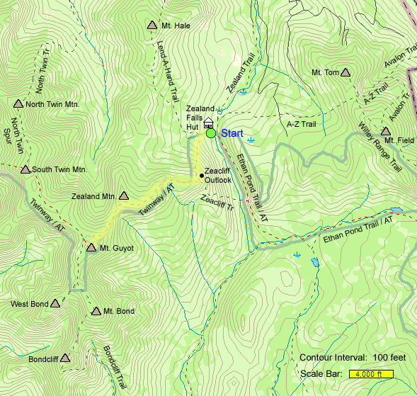 Trail map of hike route to Zealand Mtn. and Mt. Guyot from Zealand Falls Hut (map by Webmaster)