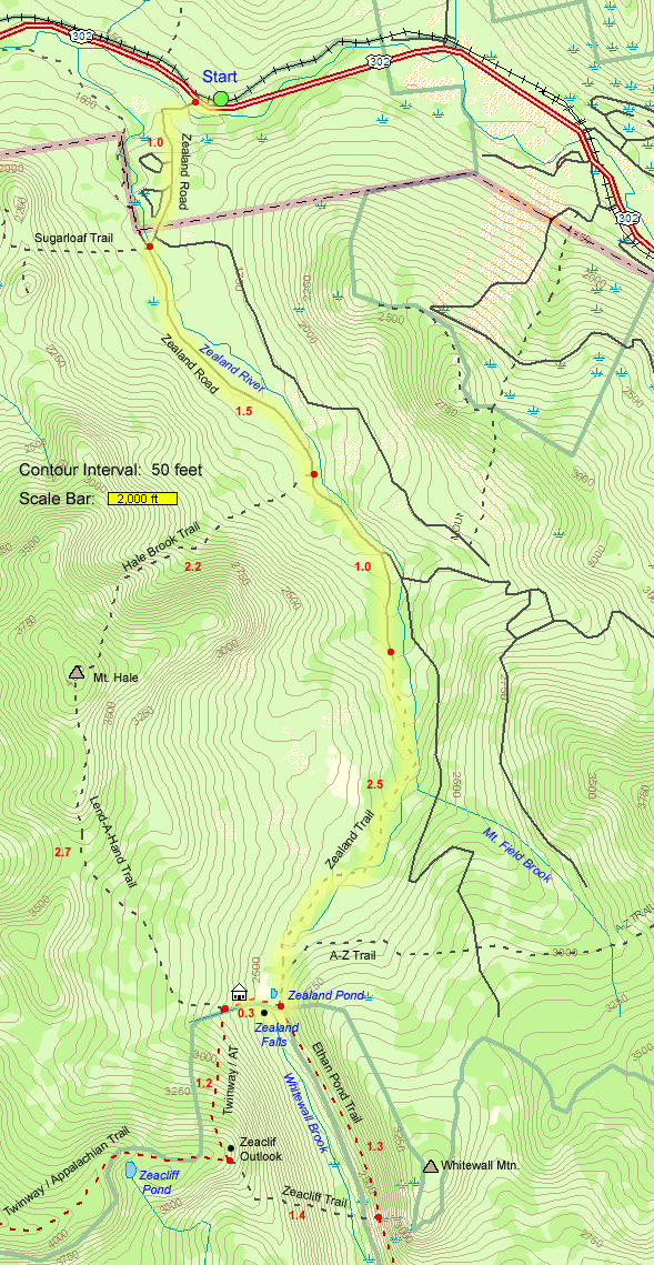 Trail map of winter hike route to Zealand Pond, Zealand Falls, and Zealand Falls Hut (map by Webmaster)